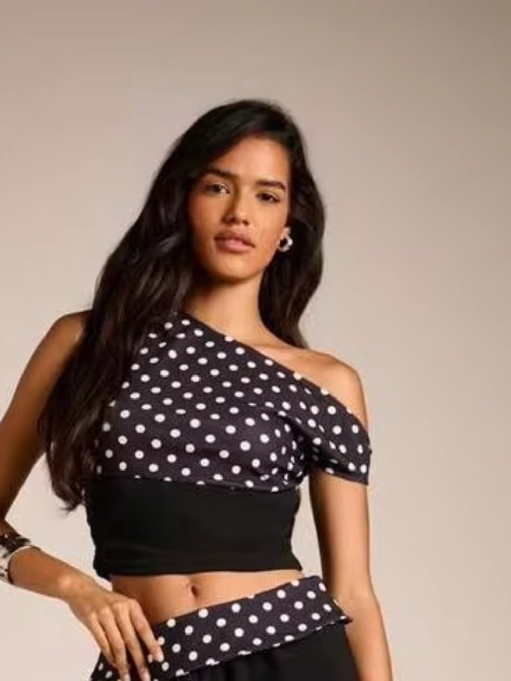 Black Polka Dot One-Shoulder Crop Top